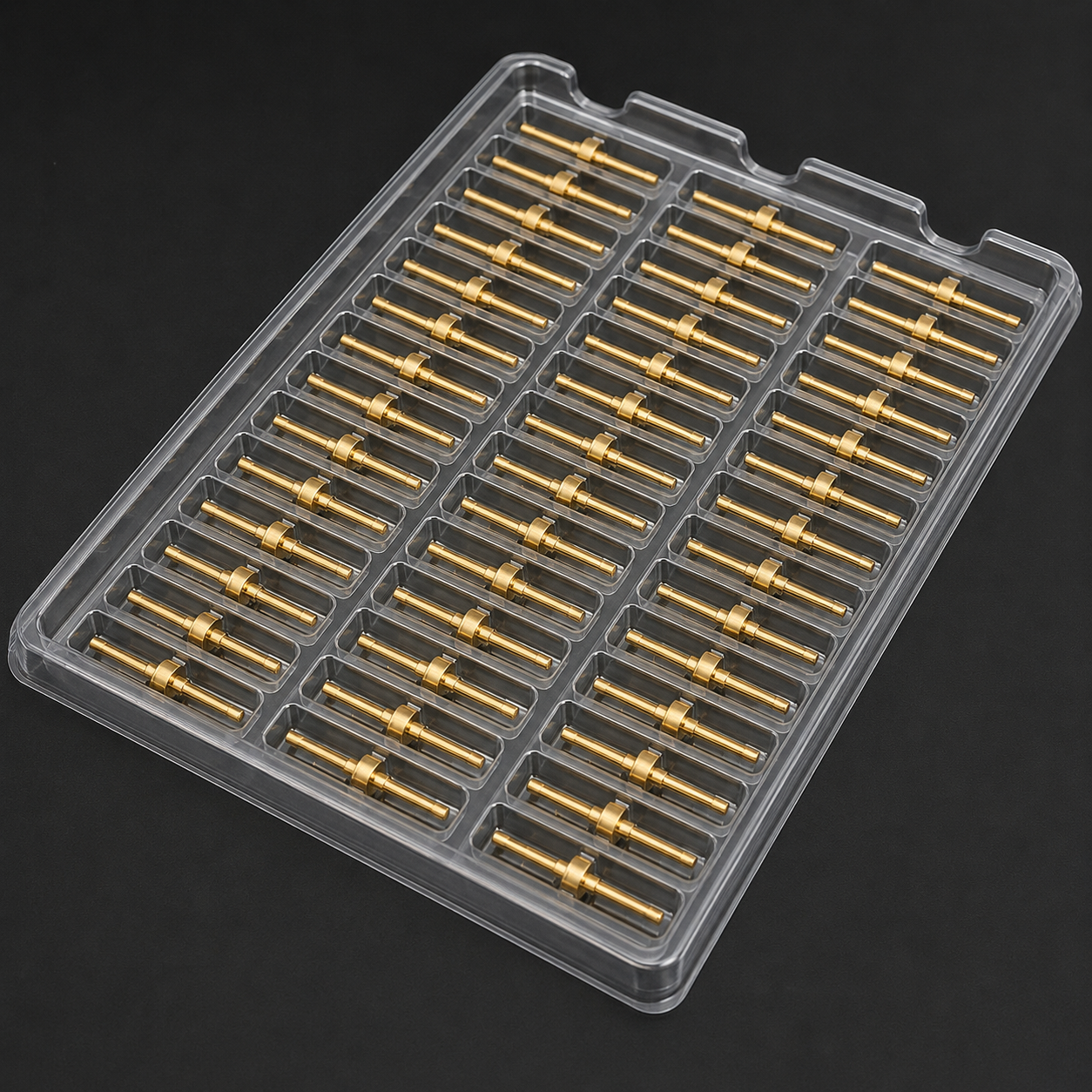 Precision thermoformed electronics packaging tray — clear PETG carrier for electronic pins